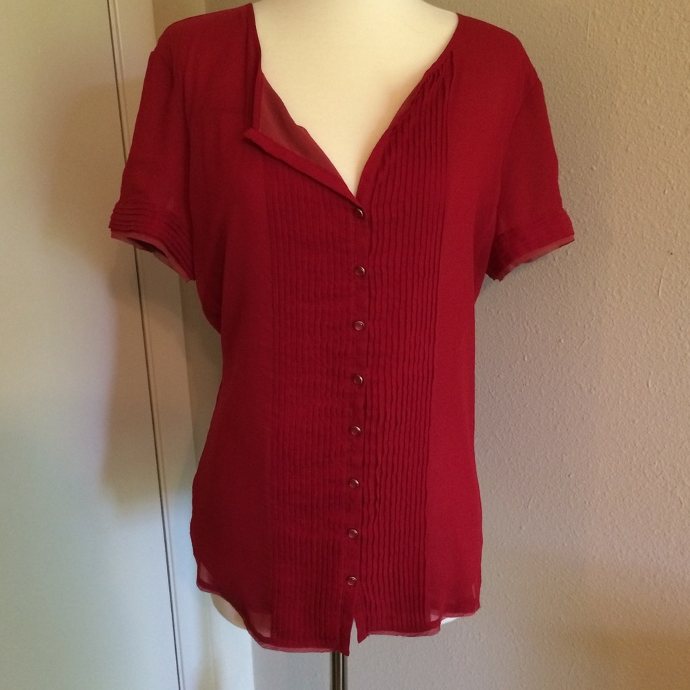 NY&Co red chiffon blouse with pearl button detail
